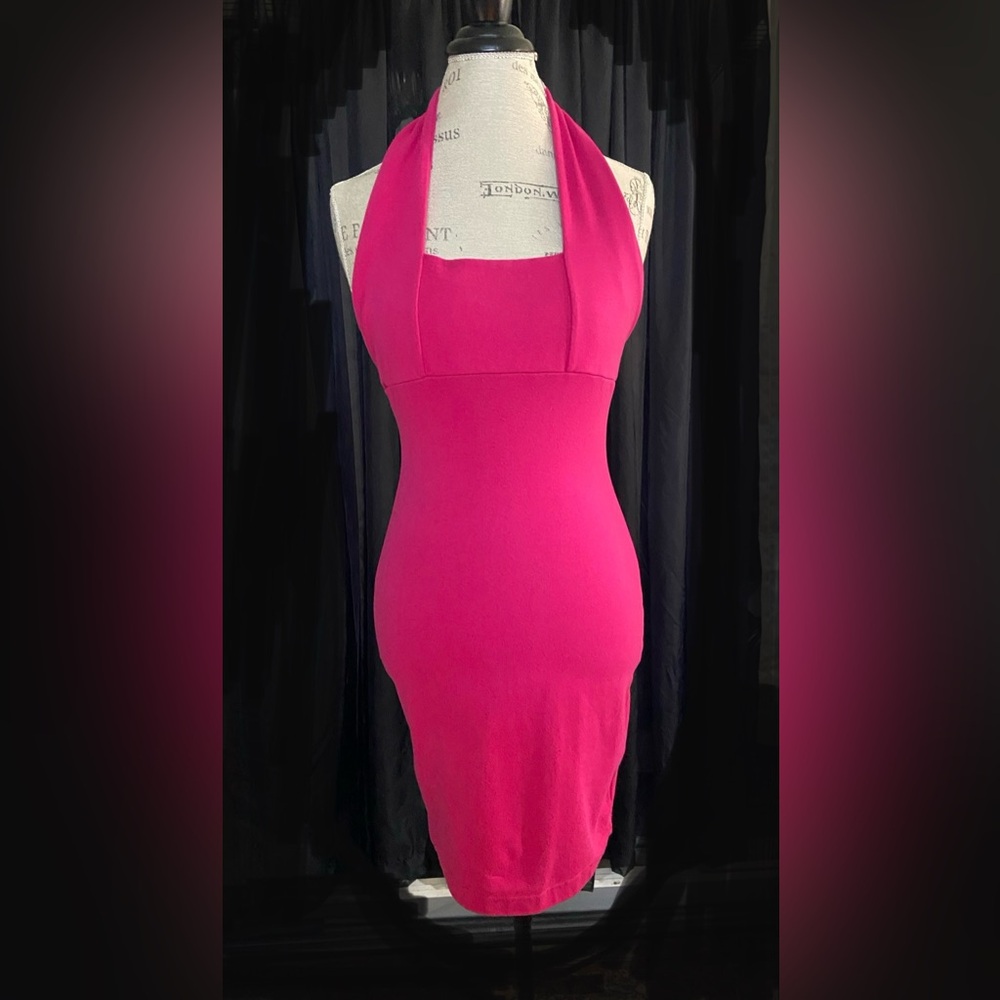 Vtg Hot Pink Halter Bodycon Dress M 95% Cotton 5% Spandex - Machine Wash!❤️